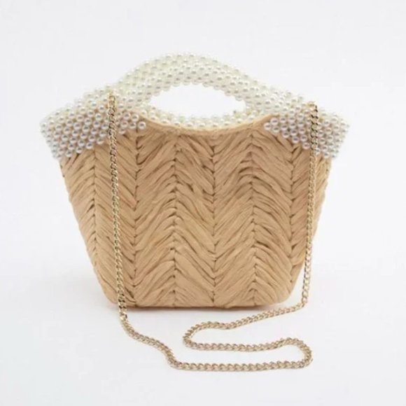 Zara Handbags - Zara Pearl Top Woven Bag with Gold Chain
